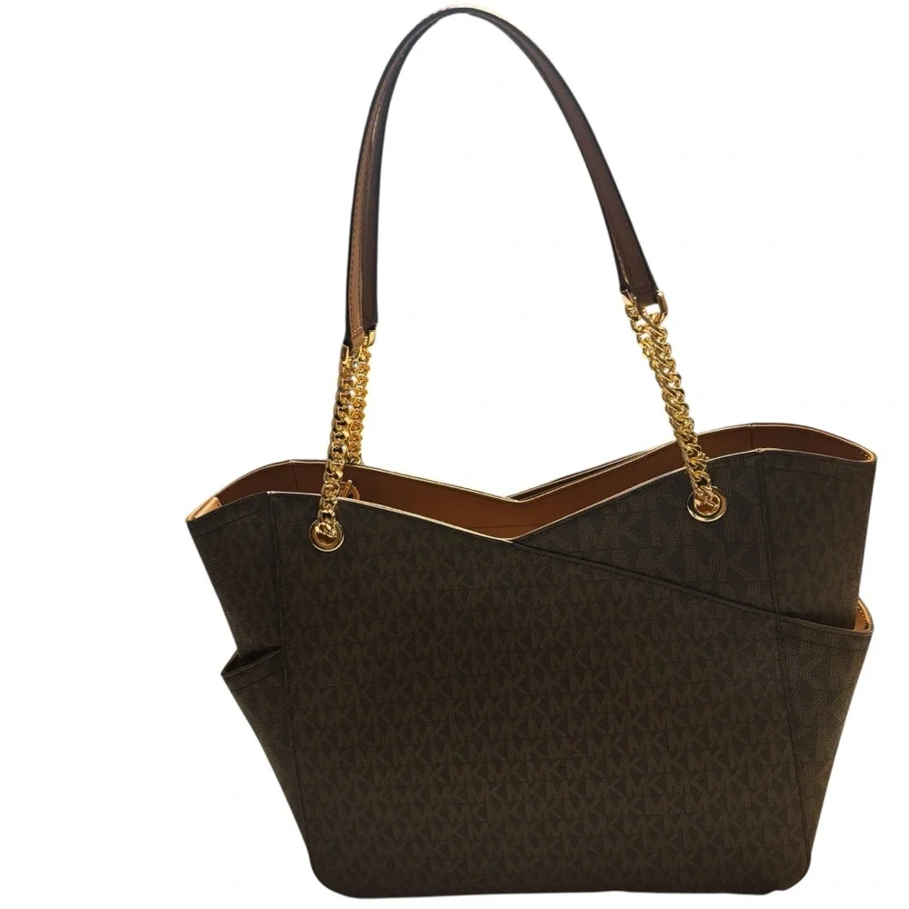 NWT Michael Kors Bag Jet Set Travel Large Chain Shoulder Tote Brown Gold Accents - Picture 3 of 16